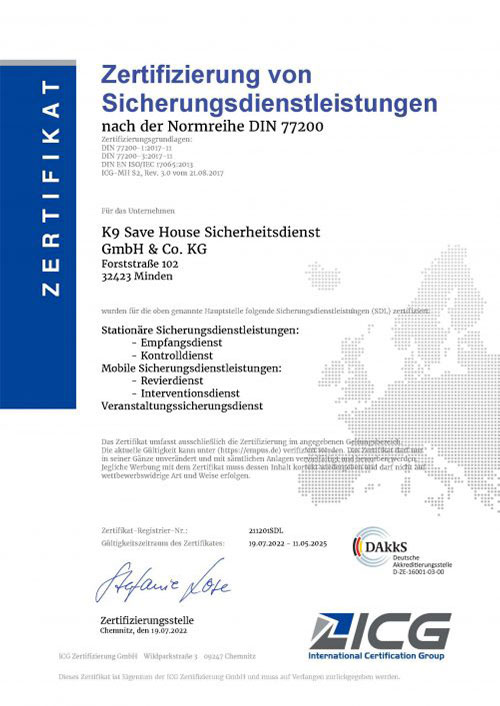 Zertifikat DIN 77200-1von K9 Save House