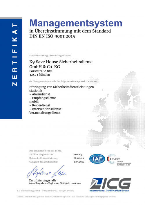 Zertifikat ISO 9001:2015 von K9 Save House